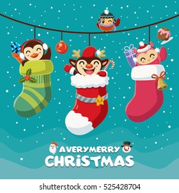 Vintage Christmas poster design with reindeer, penguin, owl characters.