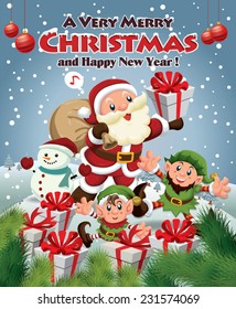 Vintage Christmas poster design with Santa Claus & elf