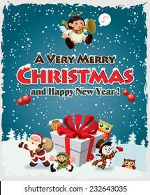 Vintage Christmas poster design with Santa Claus, snowman, angel & elf