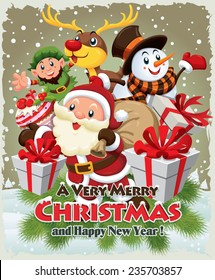 Vintage Christmas poster design with Santa Claus, Snowman, elf & deer