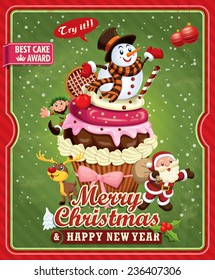 Vintage Christmas poster design with Santa Claus, cupcake, Snowman, elf & deer