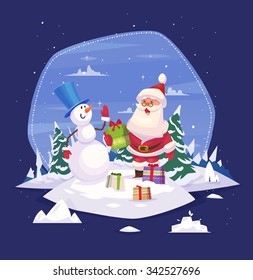 Vintage Christmas poster design with Santa Claus and snowman. Christmas card, poster or banner. Vector illustration.