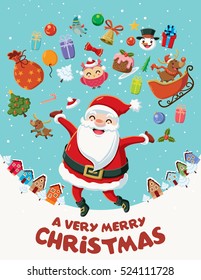 Vintage Christmas poster design with Santa Claus characters.
