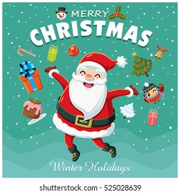 Vintage Christmas poster design with Santa Claus characters.