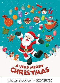 Vintage Christmas poster design with Santa Claus characters.