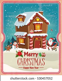 Vintage Christmas poster design with Santa Claus, snowman, elf, reindeer, snowman, owl, bird characters.