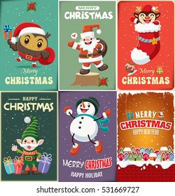 Vintage Christmas poster design with Santa Claus, elf, reindeer, snowman, owl, characters.