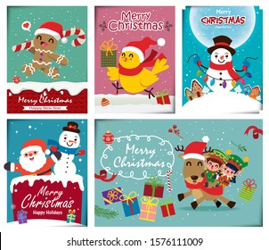 Vintage Christmas poster design set with vector Snowman, Santa Claus, reindeer, elf, bird gingerbread man characters.