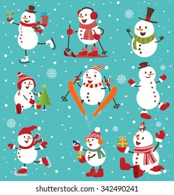 Vintage Christmas poster design with snowman set