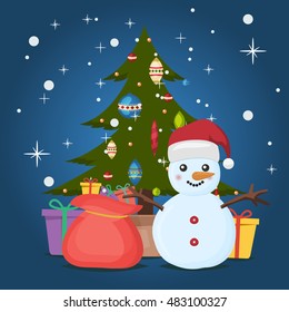 Vintage Christmas poster design with snowman. 