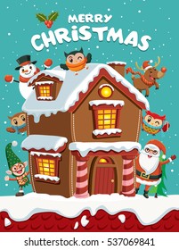 Vintage Christmas poster design with snowman, Santa Claus, owl, elf, reindeer, house, characters.