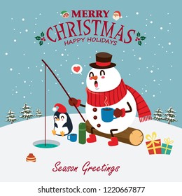 Vintage Christmas poster design with vector Santa Claus, penguin, snowman, elf characters.