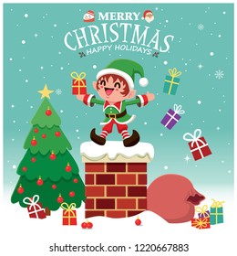 Vintage Christmas poster design with vector Santa Claus, snowman, elf characters.