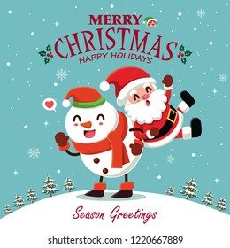 Vintage Christmas poster design with vector Santa Claus, snowman characters.