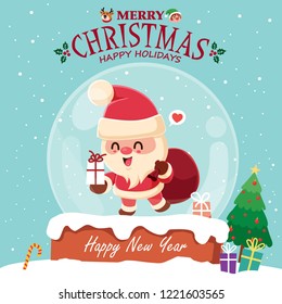 Vintage Christmas poster design with vector Santa Claus, elf, reindeer characters.