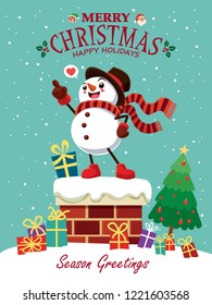 Vintage Christmas poster design with vector Santa Claus, elf, snowman characters.