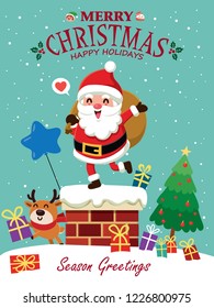 Vintage Christmas poster design with vector Santa Claus, snowman, reindeer, elf characters.