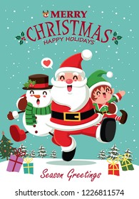 Vintage Christmas poster design with vector Santa Claus, snowman, reindeer, elf characters.