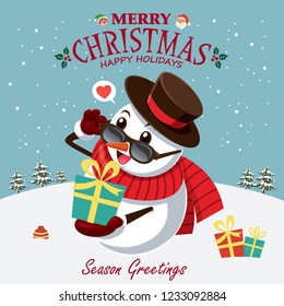 Vintage Christmas poster design with vector Snowman, Santa Claus, elf characters.