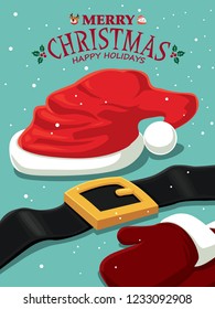 Vintage Christmas poster design with vector Snowman, Santa Claus, reindeer characters.