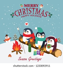 Vintage Christmas poster design with vector penguin, snowman, Santa Claus, elf characters.