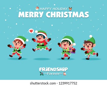 Vintage Christmas poster design with vector snowman, reindeer, Santa Claus, elf characters.