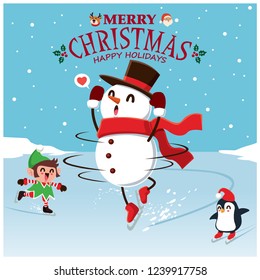 Vintage Christmas poster design with vector snowman, reindeer, penguin, Santa Claus, elf characters.