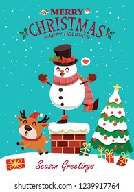 Vintage Christmas poster design with vector snowman, reindeer, penguin, Santa Claus, elf characters.