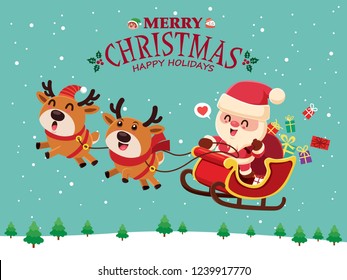 Vintage Christmas poster design with vector snowman, reindeer, Santa Claus, elf characters.