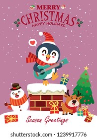 Vintage Christmas poster design with vector snowman, reindeer, penguin, Santa Claus, elf characters.