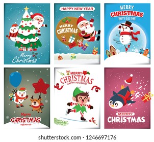 Vintage Christmas poster design with vector snowman, reindeer, penguin, Santa Claus, elf characters.