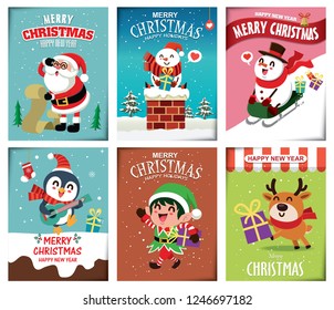 Vintage Christmas poster design with vector snowman, reindeer, penguin, Santa Claus, elf characters.