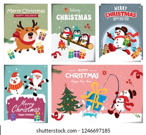 Vintage Christmas poster design with vector snowman, reindeer, penguin, Santa Claus, elf, fox characters.