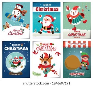 Vintage Christmas poster design with vector snowman, reindeer, penguin, Santa Claus, elf, fox characters.