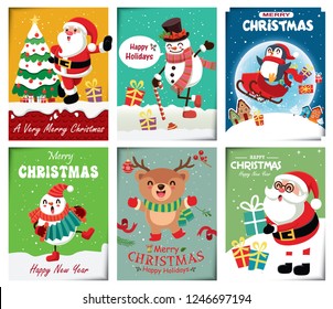 Vintage Christmas poster design with vector snowman, reindeer, penguin, Santa Claus, elf, characters.