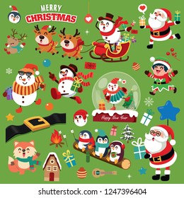 Vintage Christmas poster design with vector snowman, reindeer, penguin, Santa Claus, elf, fox characters.