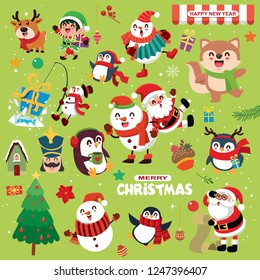 Vintage Christmas poster design with vector snowman, reindeer, penguin, Santa Claus, elf, toy soldier characters.