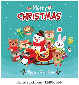 Vintage Christmas poster design with vector snowman, reindeer, penguin, Santa Claus, elf, bear, raccoon, fox, rabbit, owl, squirrel characters.