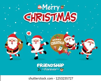 Vintage Christmas poster design with vector Snowman, Santa Claus, elf, reindeer characters.