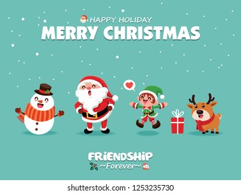 Vintage Christmas poster design with vector Snowman, Santa Claus, elf, reindeer characters.