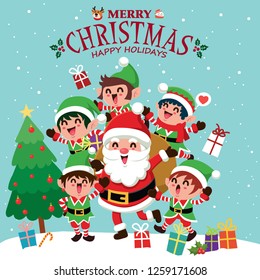 Vintage Christmas poster design with vector Snowman, Santa Claus, elf, reindeer characters.