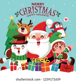 Vintage Christmas poster design with vector penguin, Snowman, Santa Claus, elf, reindeer characters.