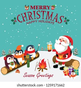 Vintage Christmas poster design with vector penguin, Snowman, Santa Claus, elf, reindeer characters.