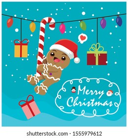 Vintage Christmas poster design with vector gingerbread man, Santa Claus, snowman characters.