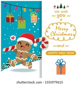 Vintage Christmas poster design with vector gingerbread man, Santa Claus, snowman characters.