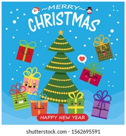 Vintage Christmas poster design with vector Christmas tree, Santa Claus, snowman characters.