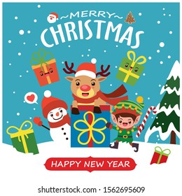 Vintage Christmas poster design with vector Santa Claus, elf, snowman, reindeer characters.