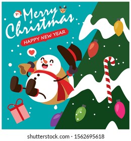 Vintage Christmas poster design with vector Snowman, reindeer, Santa Claus characters.