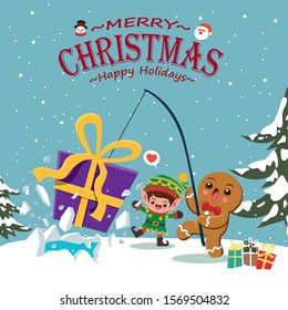 Vintage Christmas poster design with vector gingerbread man, Santa Claus, snowman, elf characters.