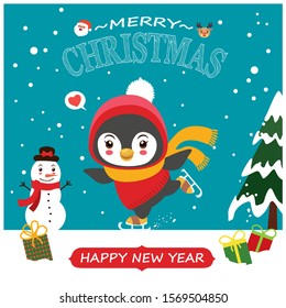 Vintage Christmas poster design with vector penguin, snowman, reindeer, Santa Claus characters.